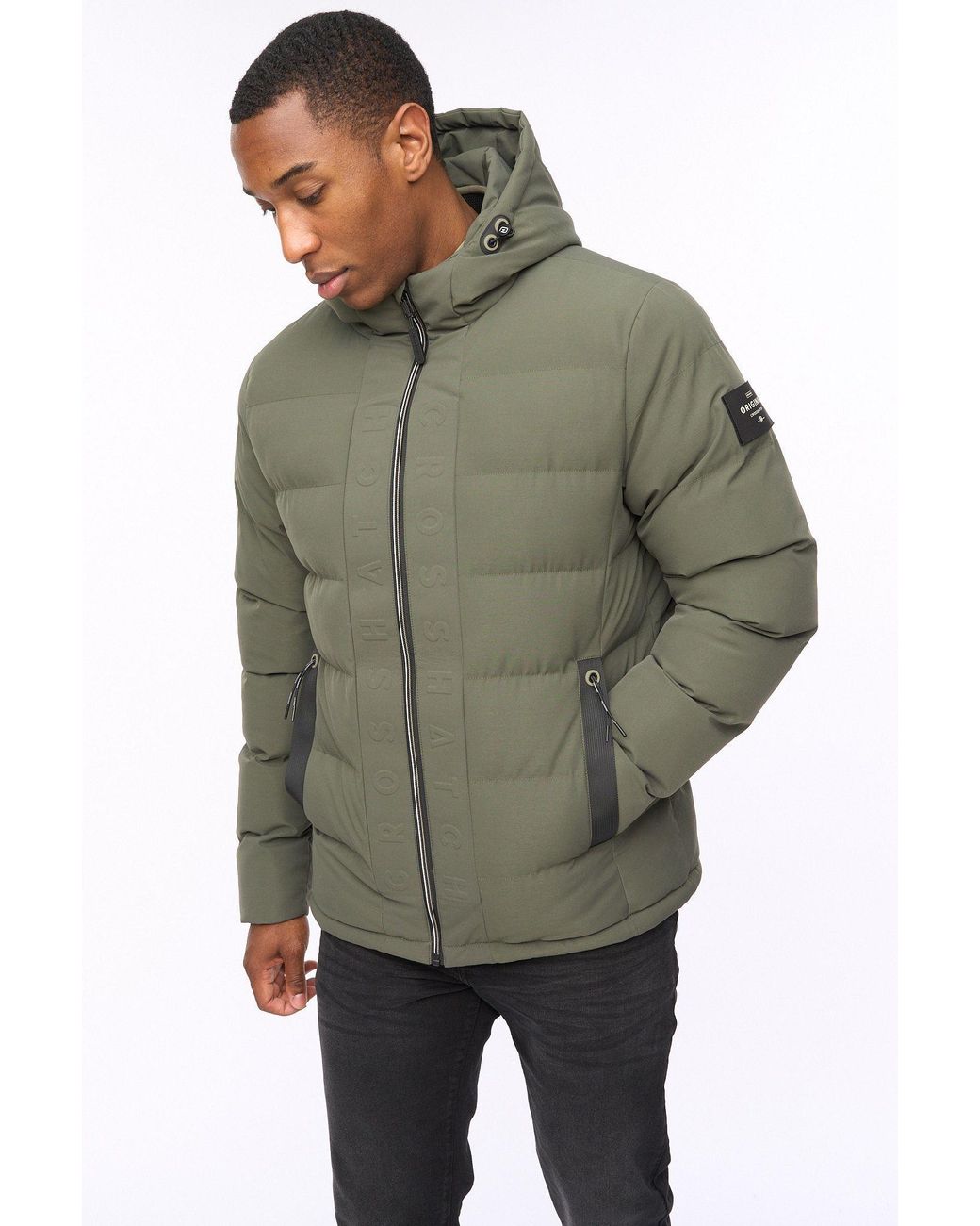Crosshatch Green Kampnew Hooded Quilted Puffer Jacket With Embossed Detail for men
