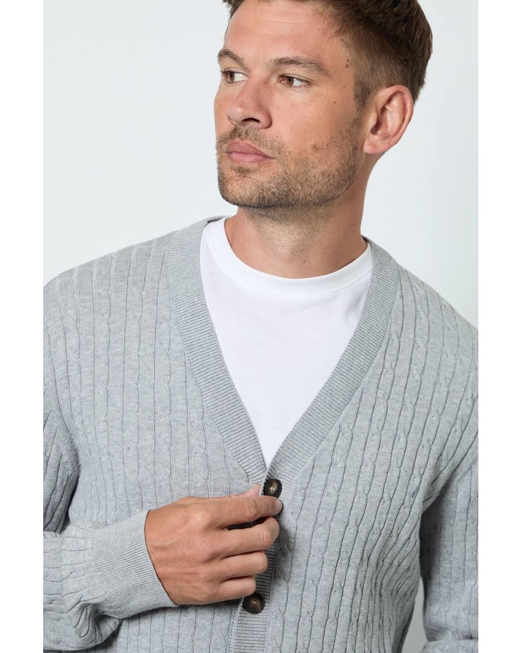 MAINE Gray Premium Pure Cotton Cable Knitted Cardigan for men