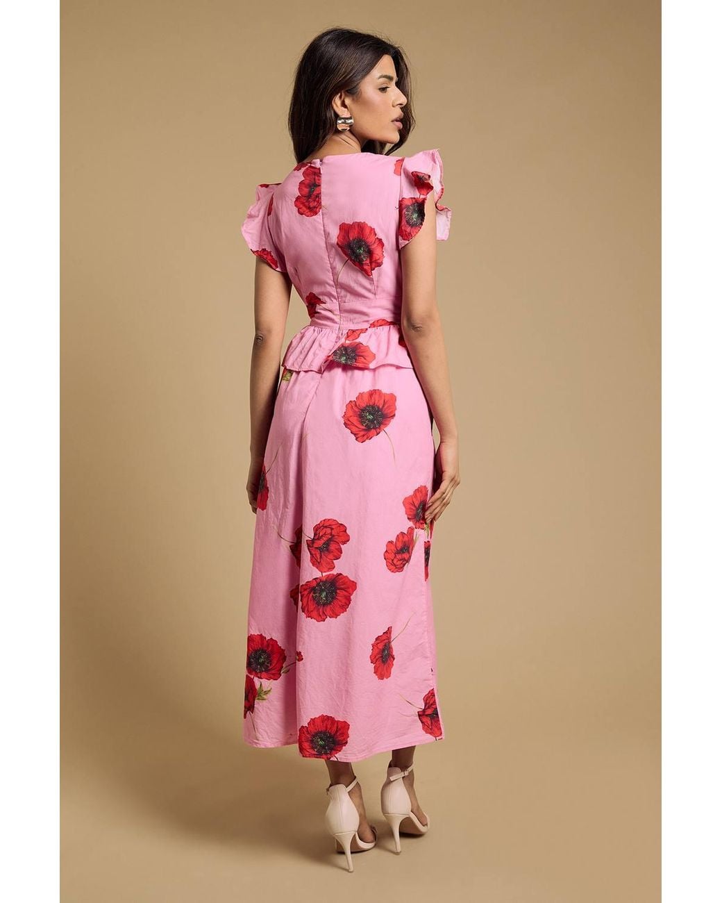 Dorothy Perkins Pink Petite Dp Luxe Peplum Frill Detail V Neck Printed Maxi Dress