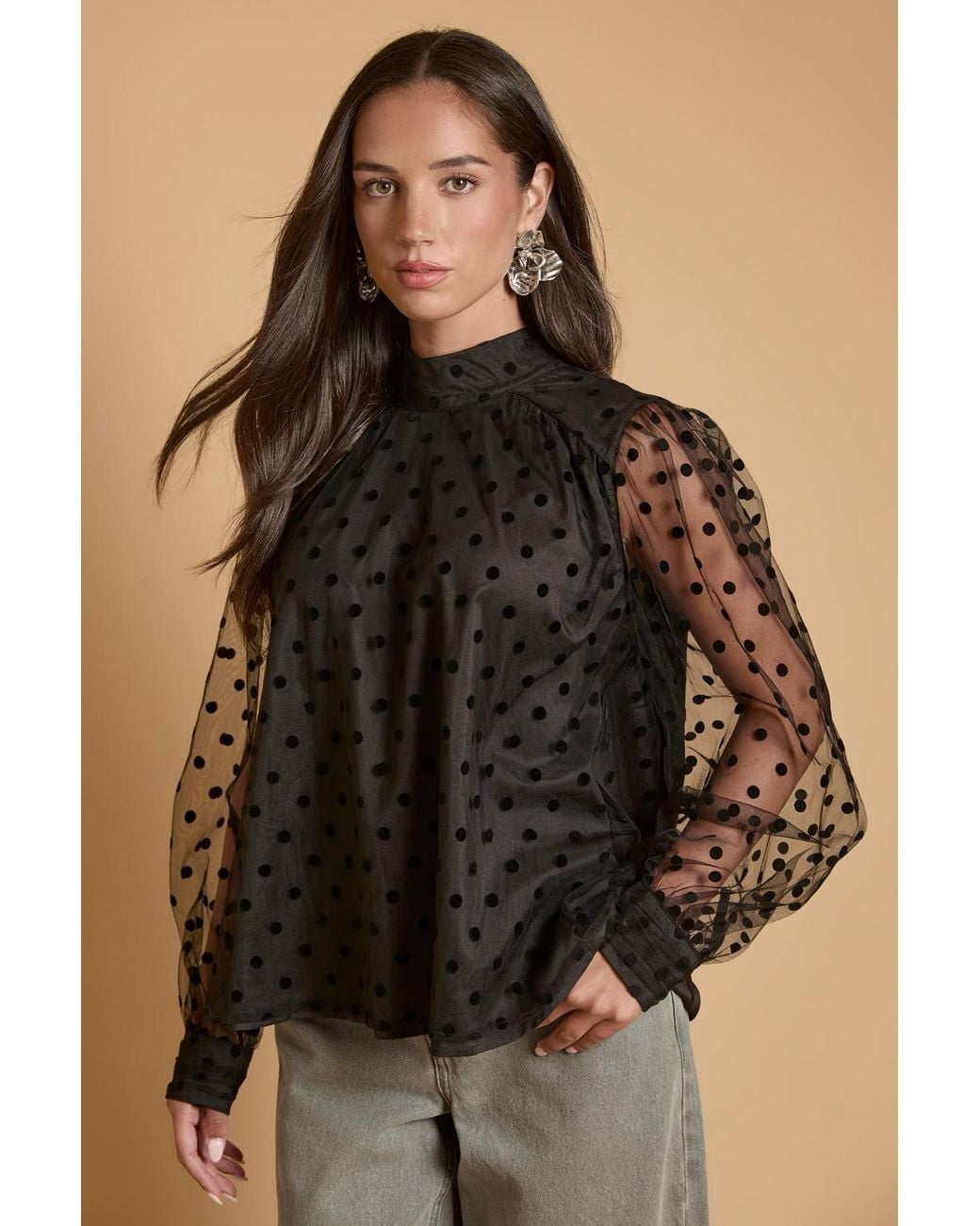 Oasis Black Polka Dot Mesh Pussybow Blouse