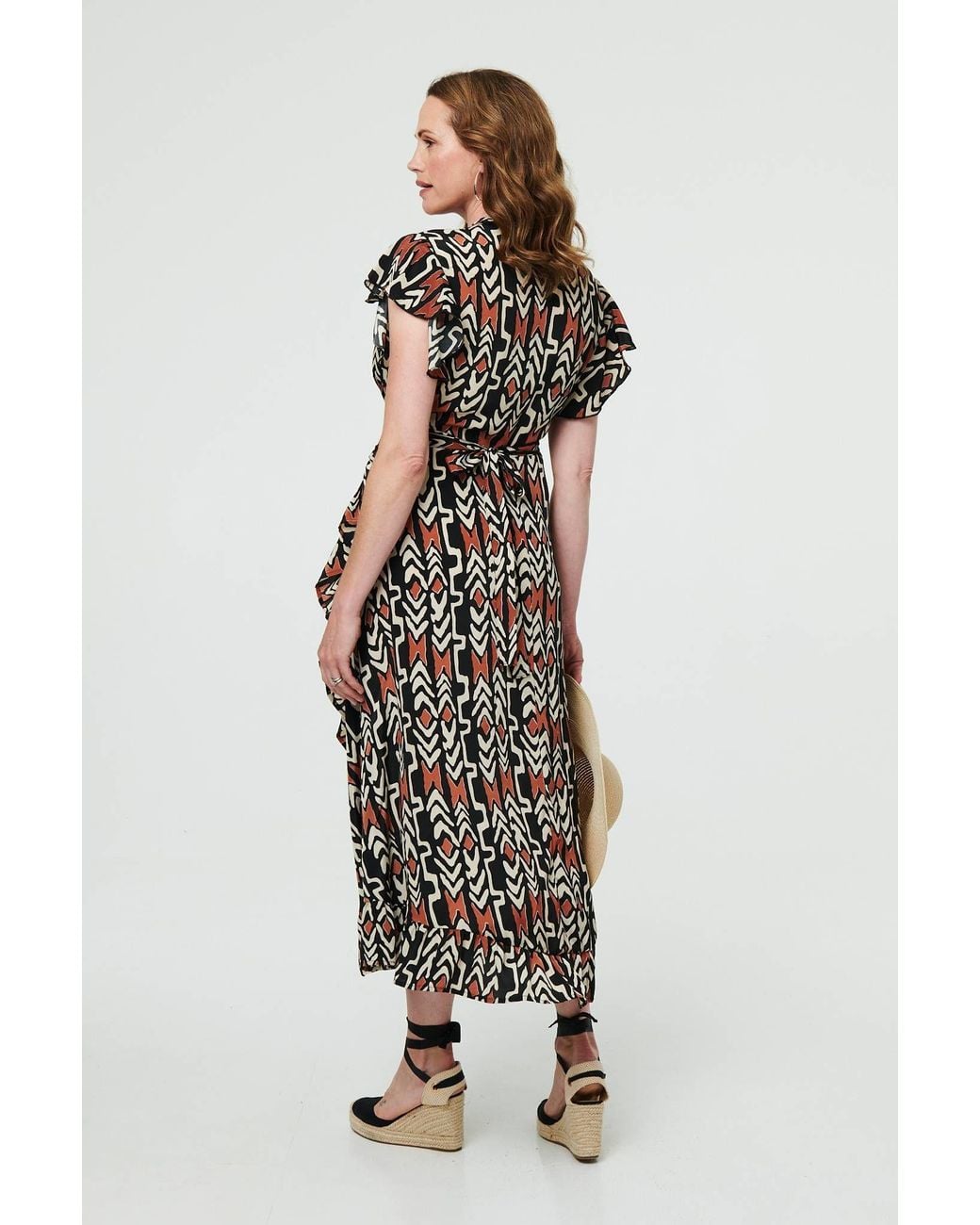 Izabel London White Abstract Frilled Sleeve Wrap Midi Dress