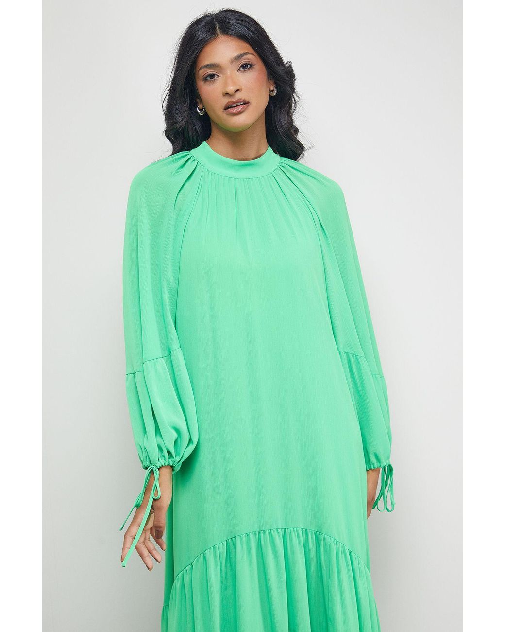 Warehouse Green Tony Chiffon High Neck Tier Smock Midi Dress
