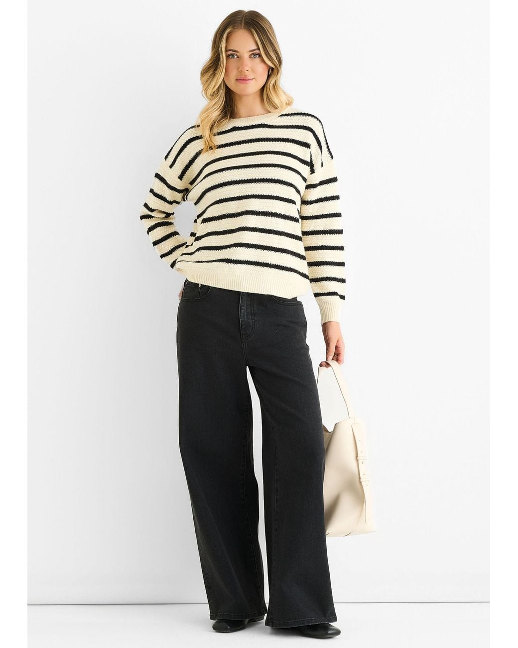 Gini London White Stripe Chunky Knit Oversized Jumper