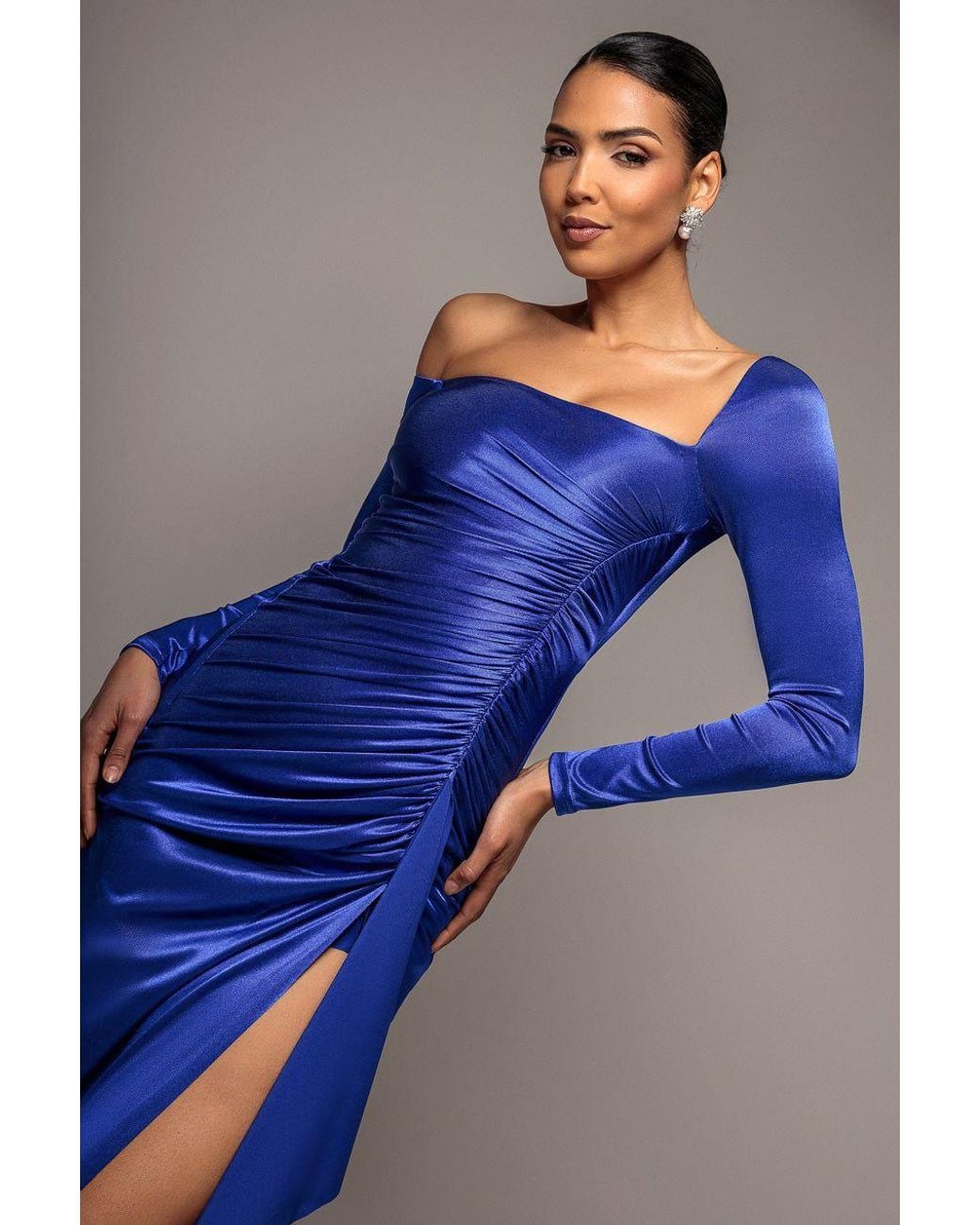 Goddiva Blue Slinky Satin One Shoulder Split Maxi Dress