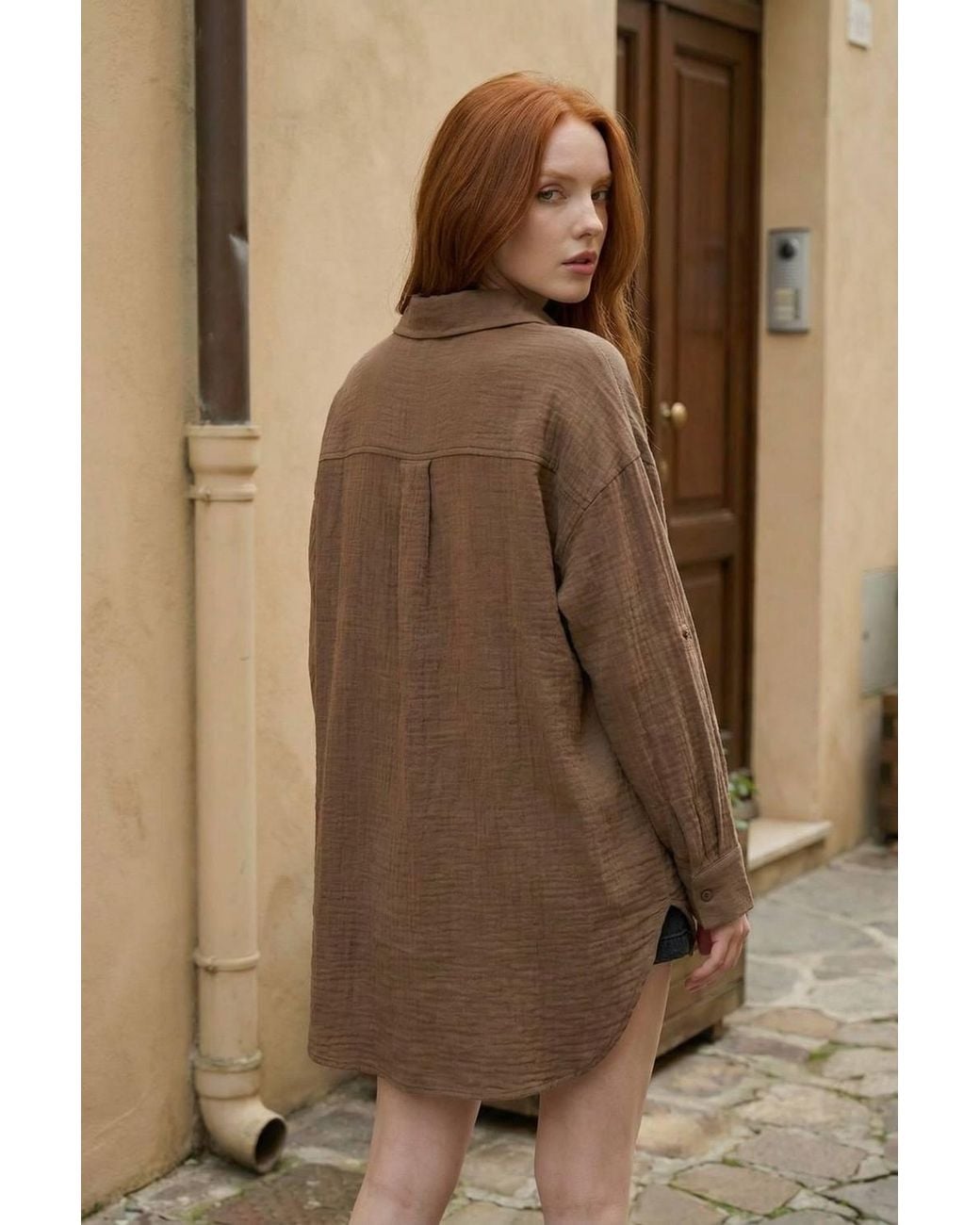 My Fashion Brown Textured Oversized Long Shirt With Button Closure