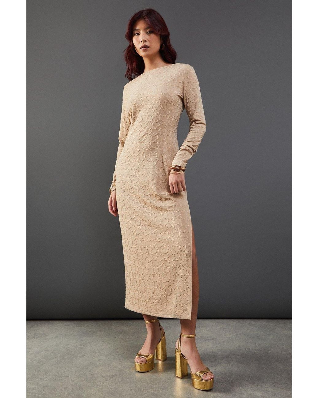 Warehouse Gray Jersey Jacquard Slash Neck Scoop Back Midi Dress