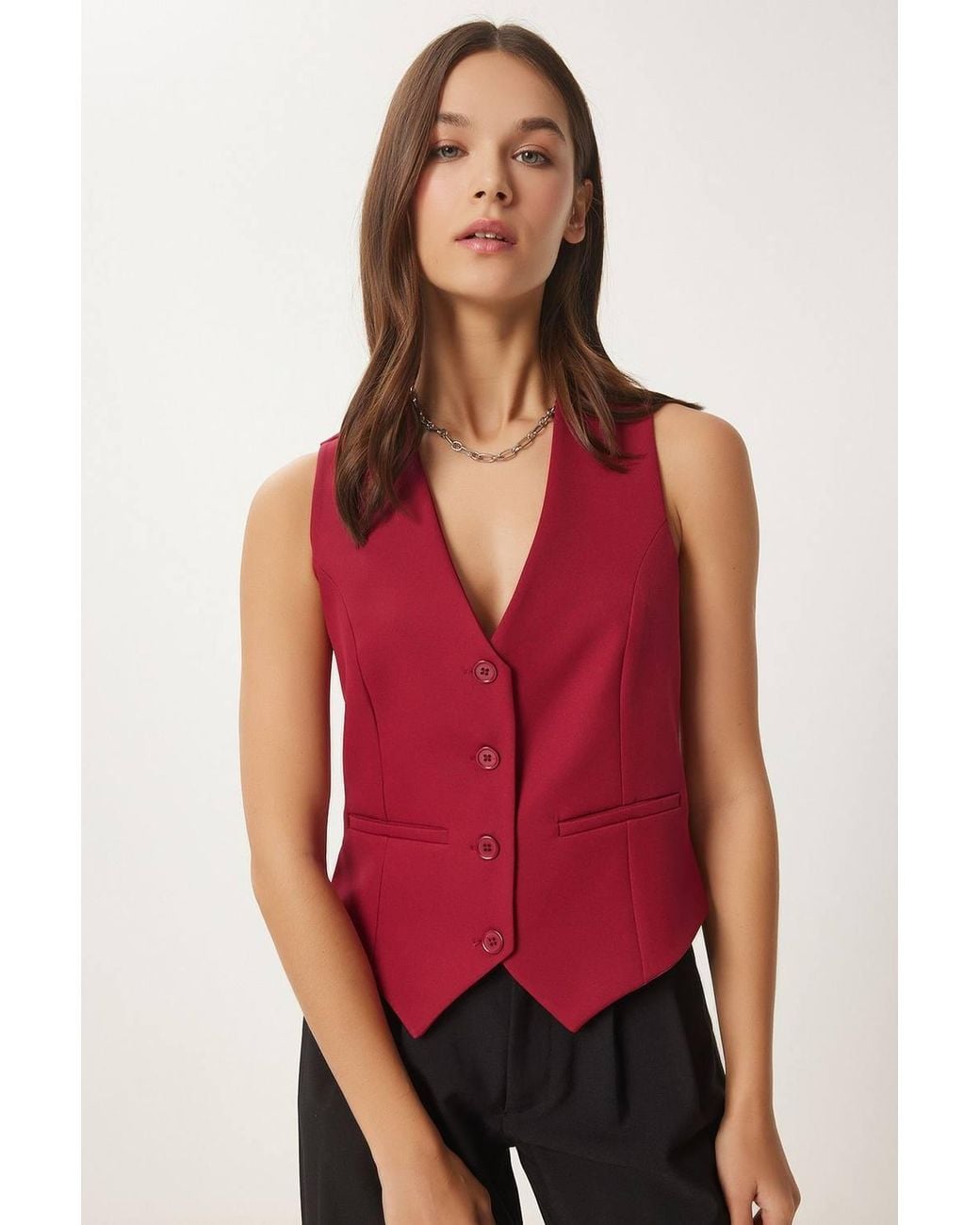 Happiness İstanbul Red Crop Button Waistcoat