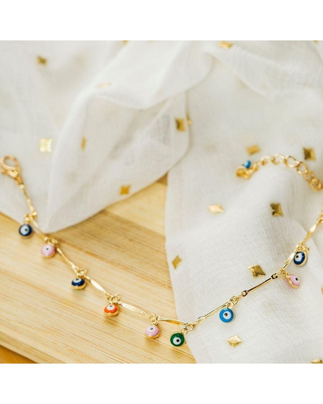 The Colourful Aura Brown Dainty Colourful Evil Eye Beaded Dangly Protection Foot Anklet