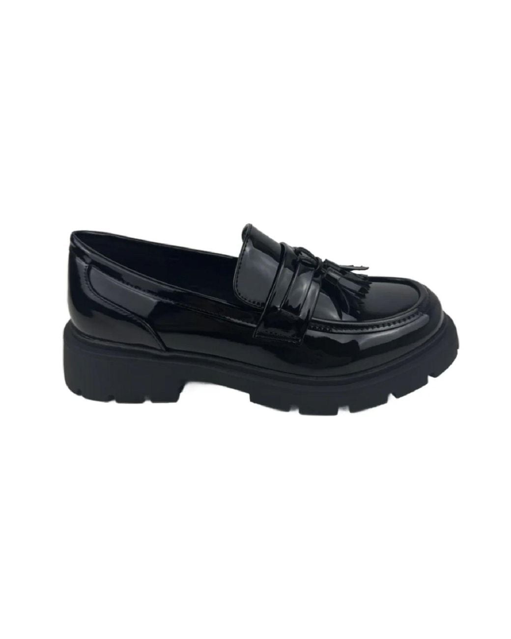 LARANGE Black Patent Slip On Chunky Flatform Loafer Shoes With Tassle