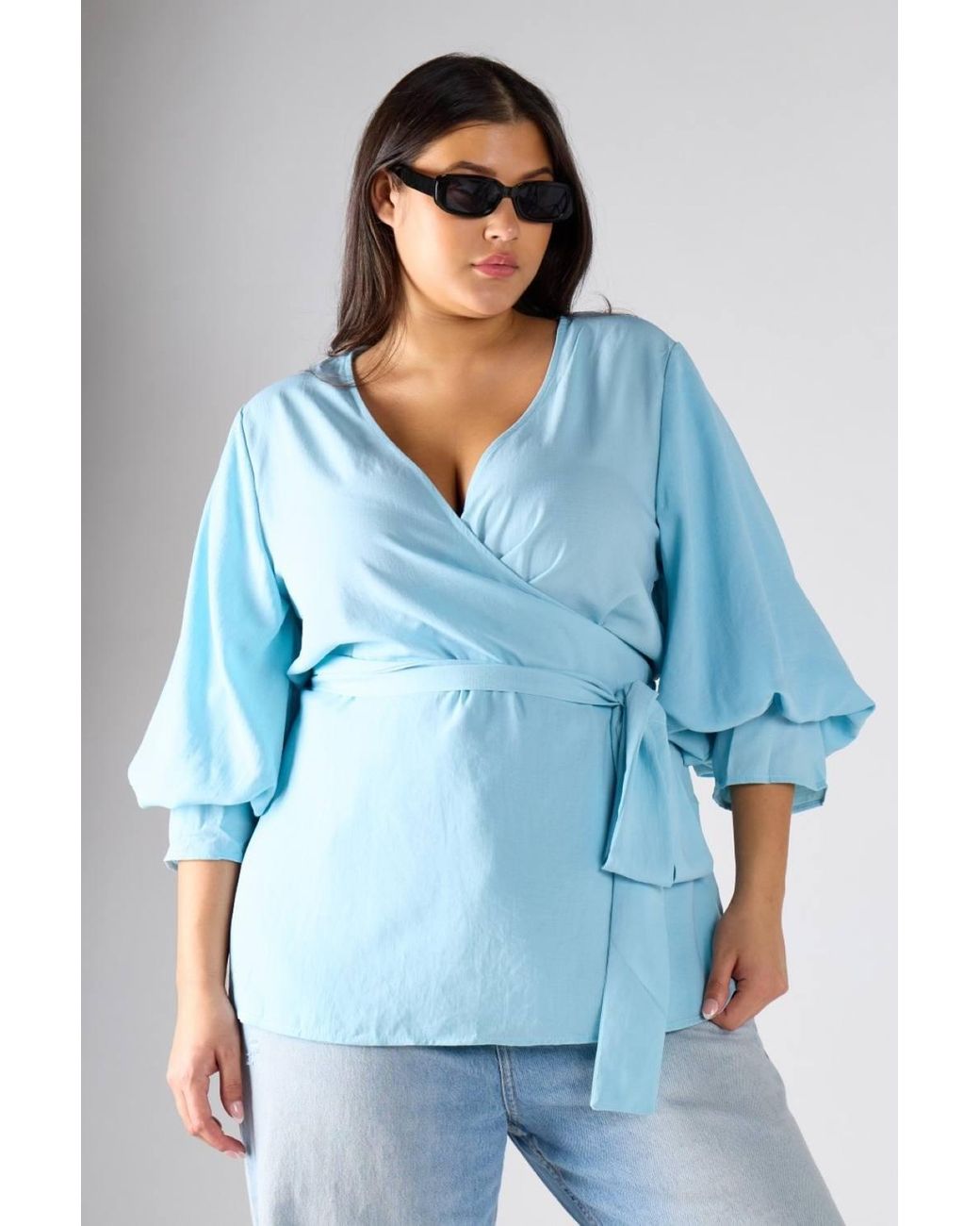 Shnoo Blue Wrap Blouse With Tie Waist