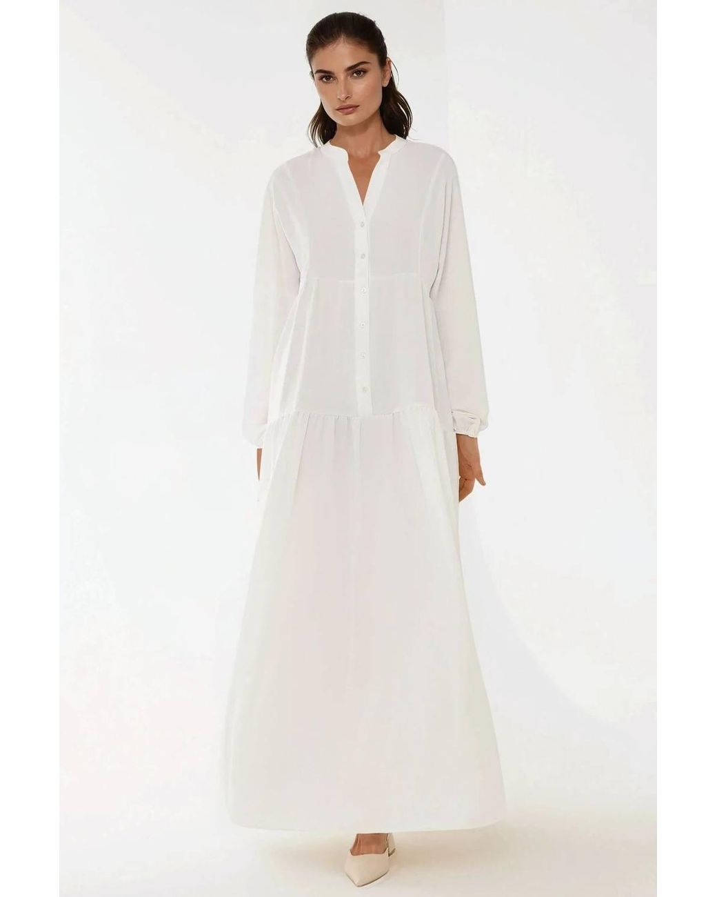 Hiccup White Textured V-Neck Maxi Dress With Button Detail