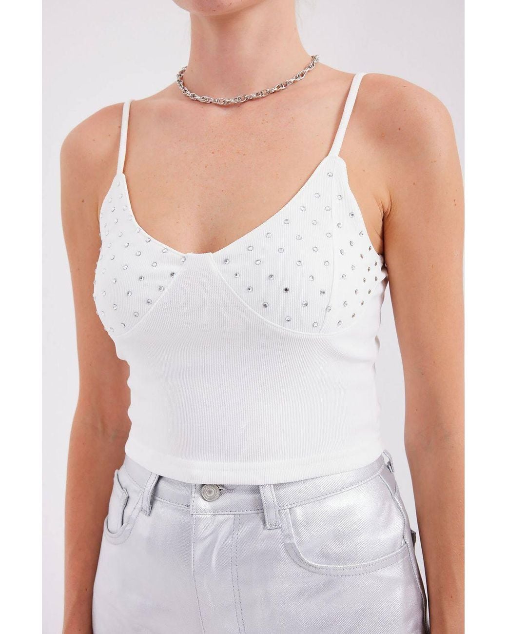 Bigdart White Stone Embellished Fitted Crop Top With V-Neck