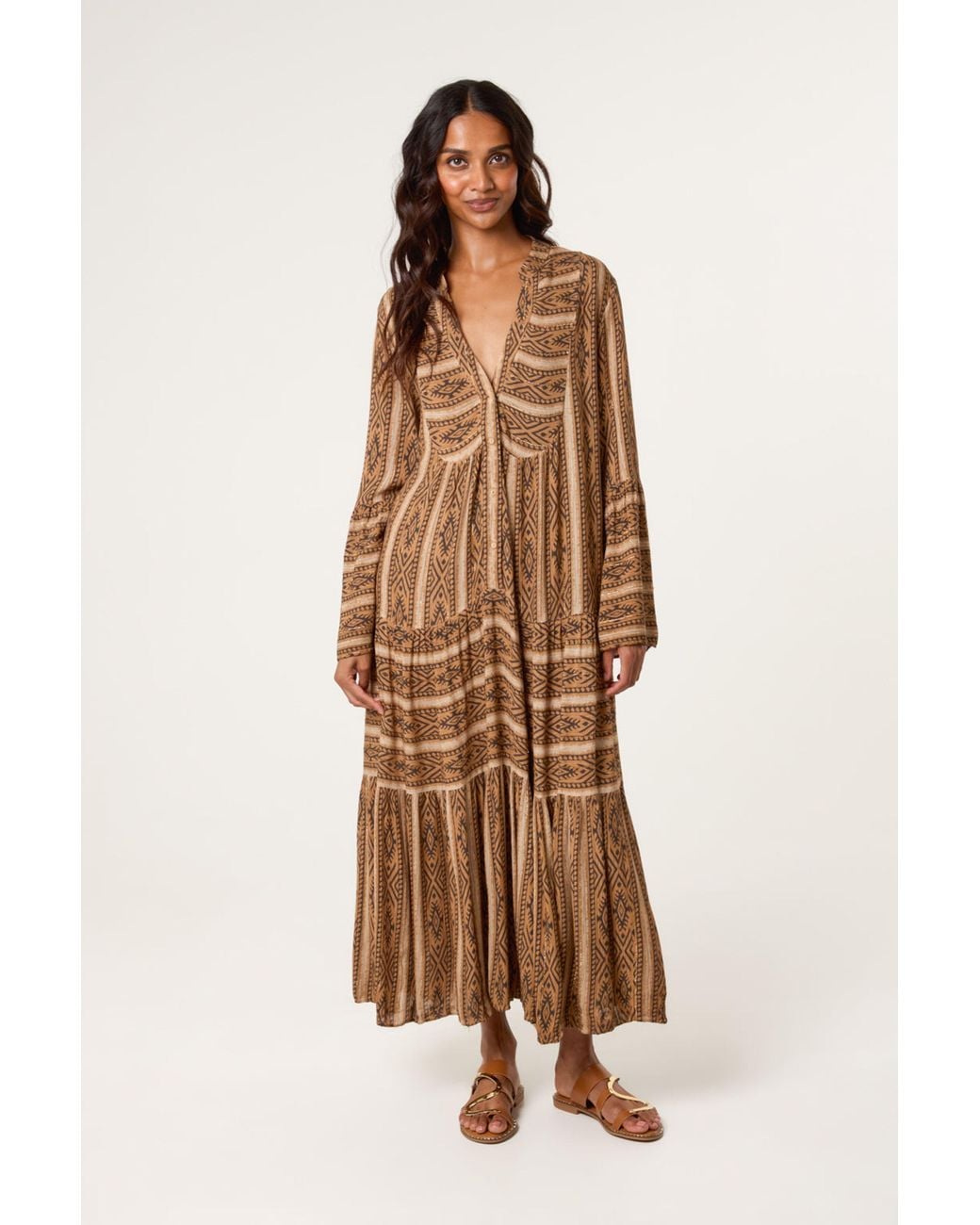 Blue Vanilla Natural Shirred Waist Three Quarter Sleeve Button Up V-Neck Maxi Dress