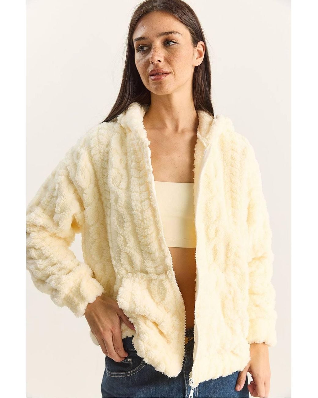 Bianco Lucci Natural Hooded Textured Knitted Cardigan With Zipper