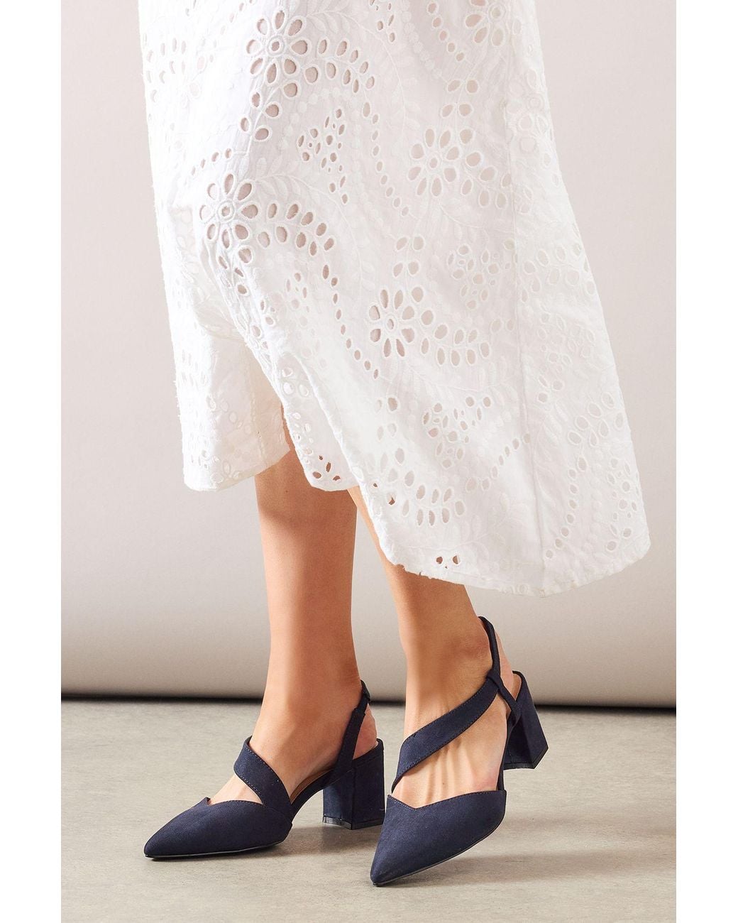 Wallis Blue Wide Fit Eve Asymmetric Strap Block Heel Pointed Court Shoes