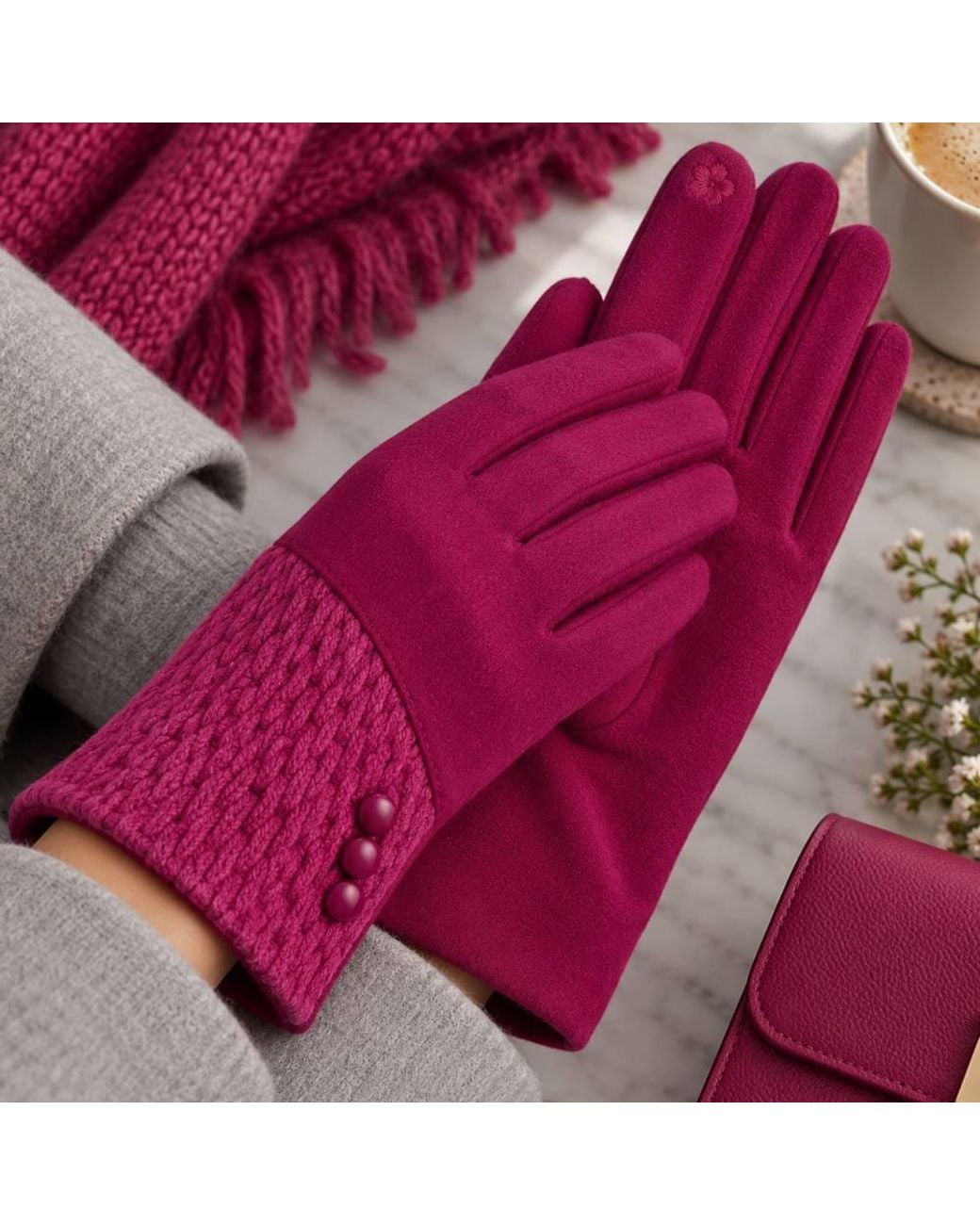 Love EMVY Purple Cashmere Blend Gloves With Button Detailing