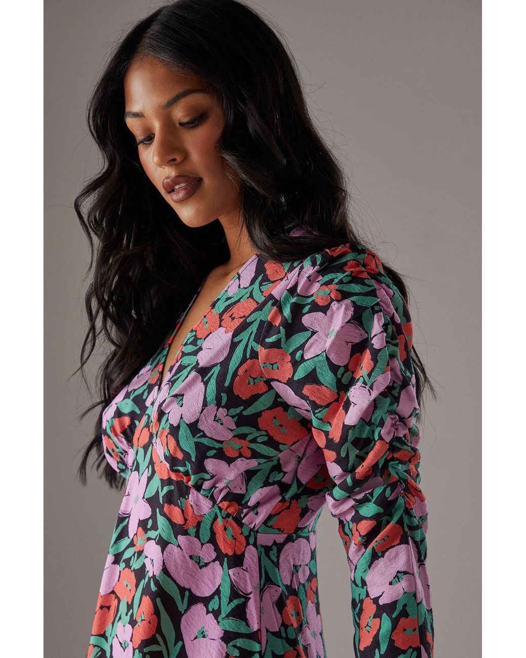 Warehouse Multicolor Viscose V Neck Long Puff Sleeve Midi Dress
