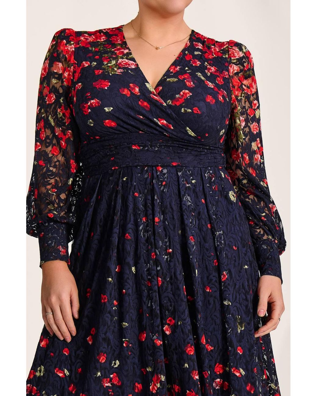 Jolie Moi Red Long Sleeve Printed Lace Maxi Dress