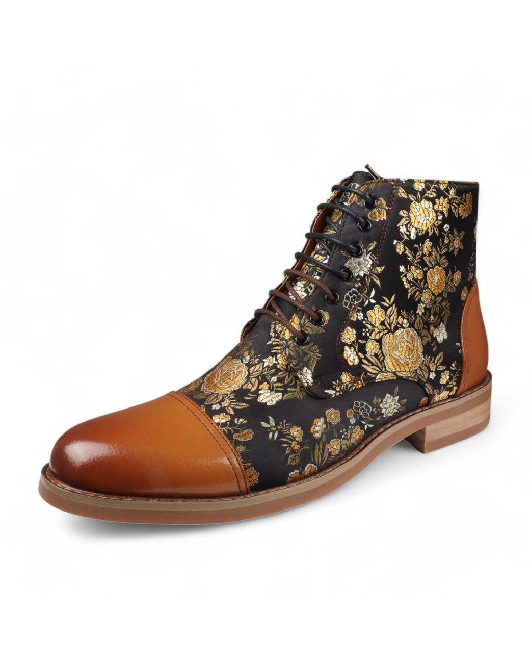 Infinity Leather Brown Floral Print Leather Oxford Ankle Boots for men
