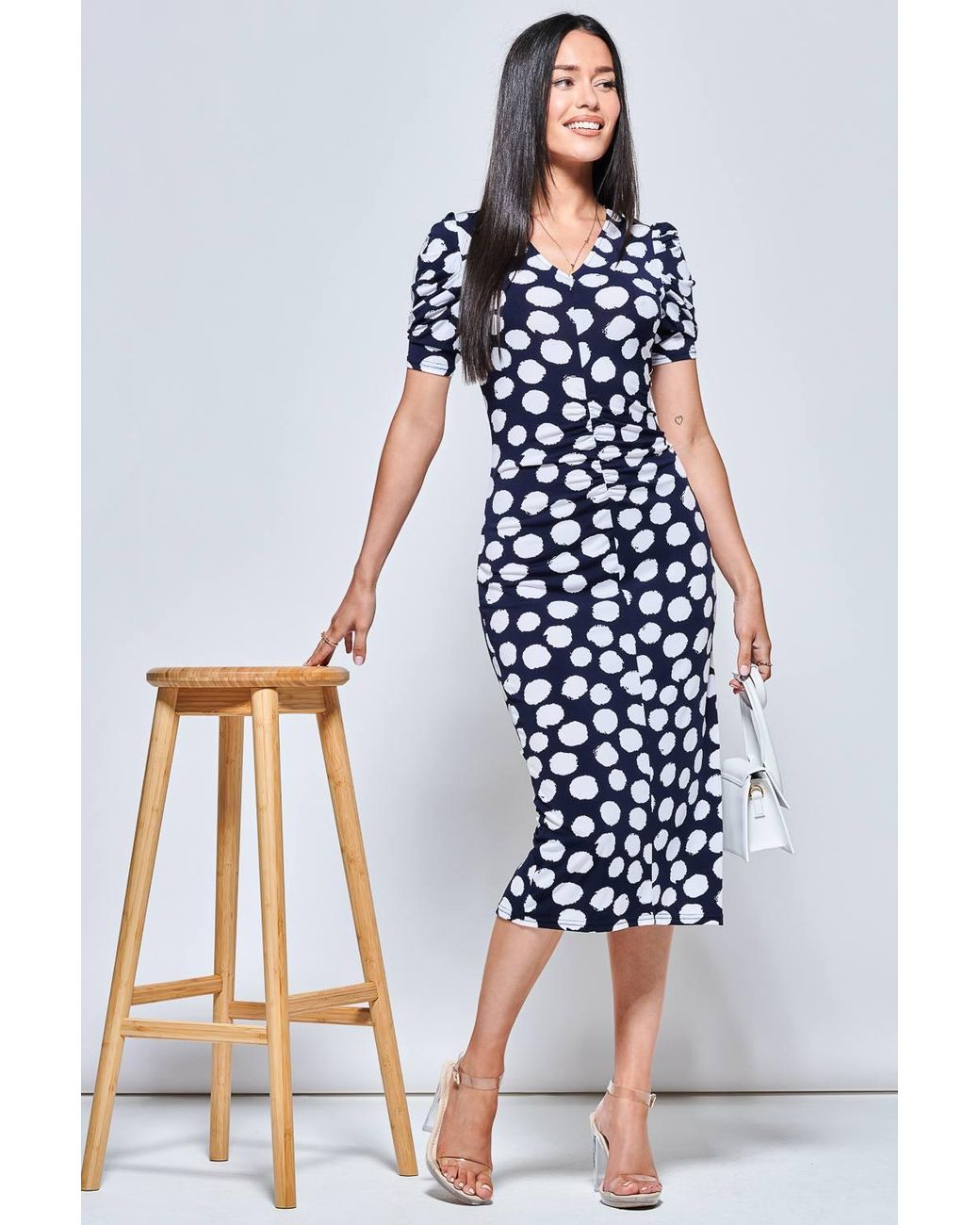Jolie Moi Blue V Neck Bodycon Midi Dress