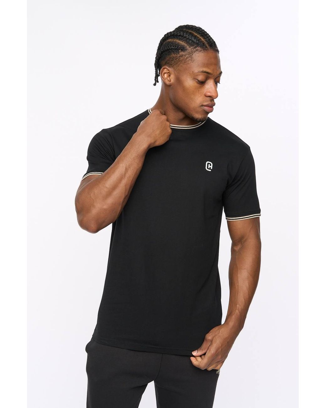 Crosshatch Black Preece Crew Neck Cotton T-Shirt With High Build Logo Print for men