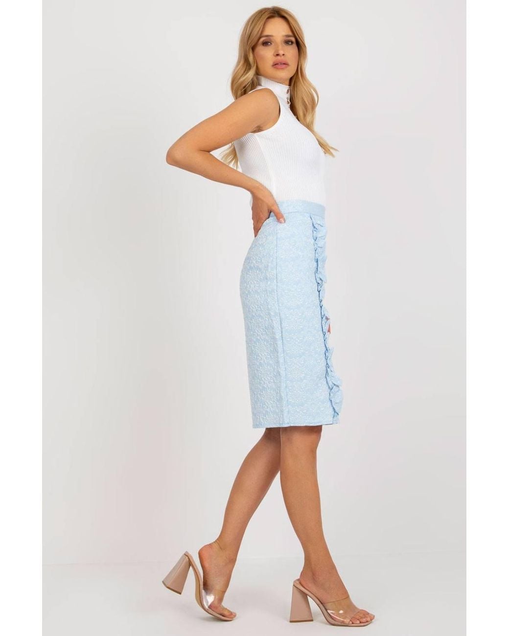 Love Lace Blue Textured Pencil Skirt With Front Ruffle