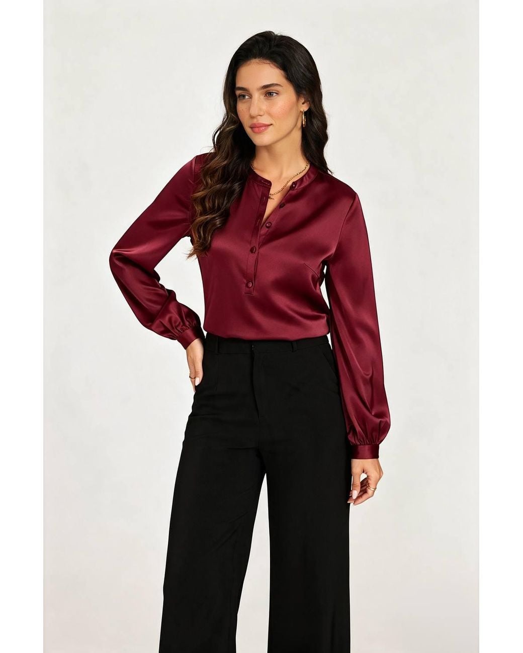 FS Collection Red Grandad Collar Button Front Satin Blouse