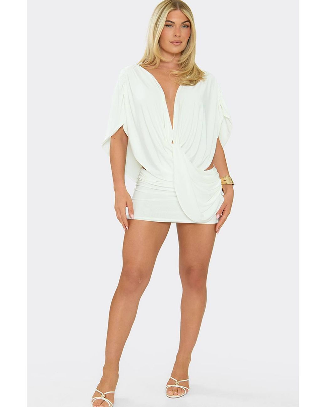 EGO White Short Sleeve Drape Mini Dress
