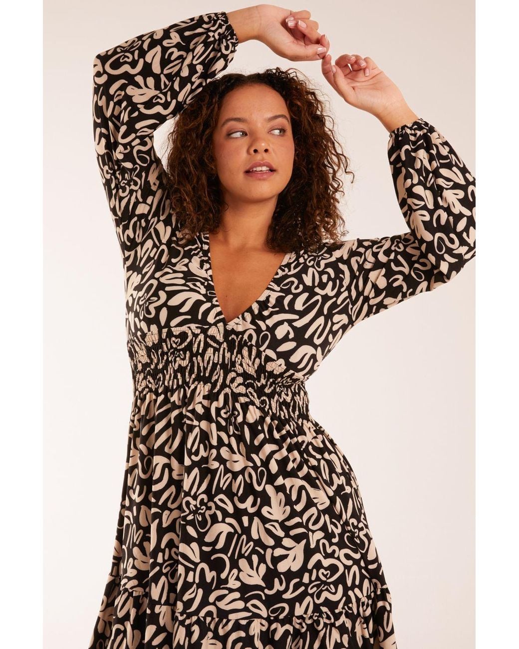 Blue Vanilla Natural Shirring Elastic Sleeve Tier Mini Dress