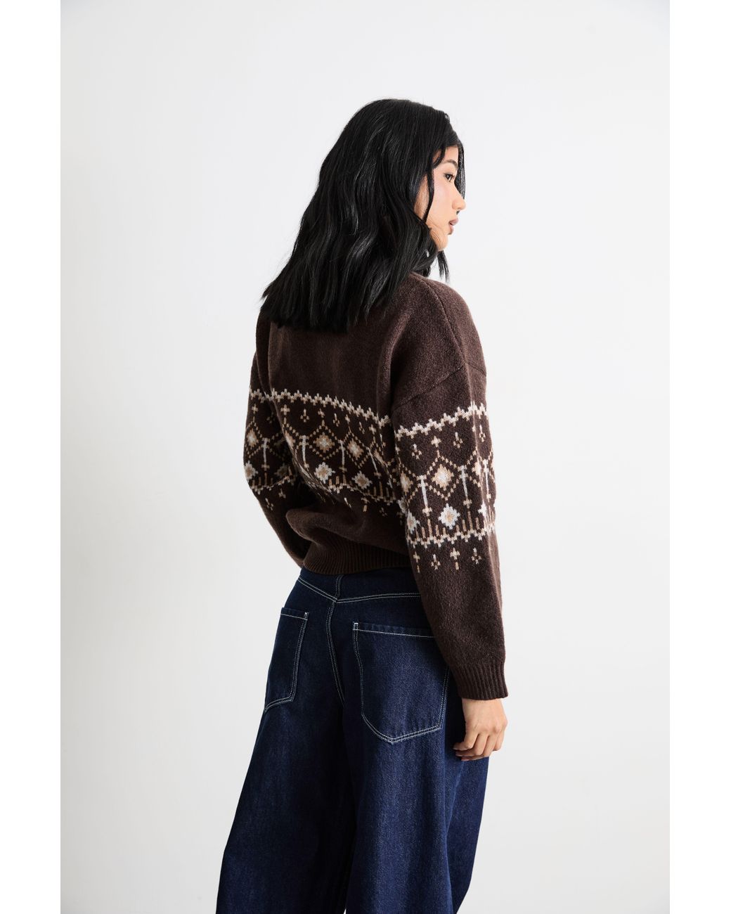 Warehouse Blue Fairisle Half Zip Jumper