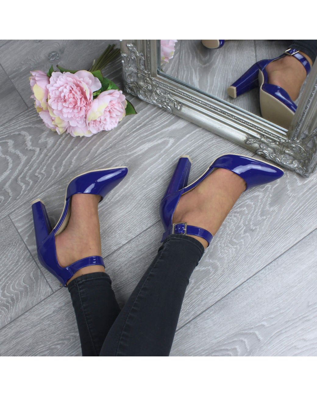 AJVANI Blue High Heel Ankle Strap Pointed Toe Patent Court Shoes