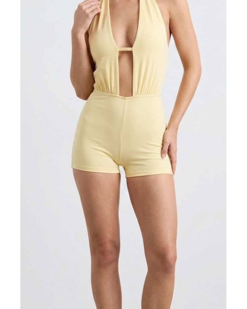 Stylewise Natural Open Back Halter Neck Plunge Neckline Playsuit