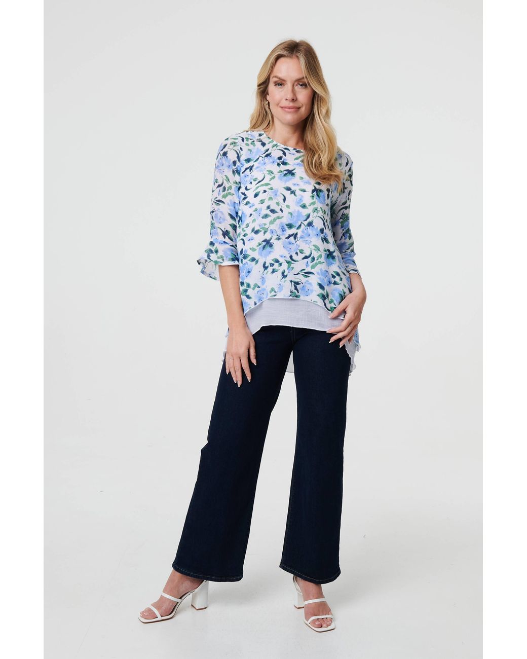 Izabel London Blue Floral Layered 3/4 Sleeve Tunic Top