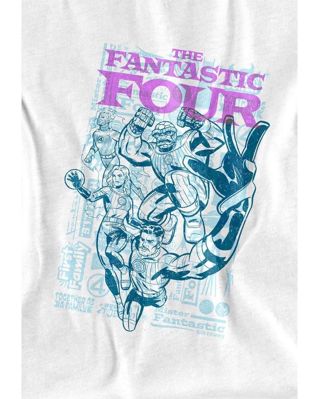 Marvel White Fantastic Four Lineart Heroic First Family (Back Print) T-Shirt