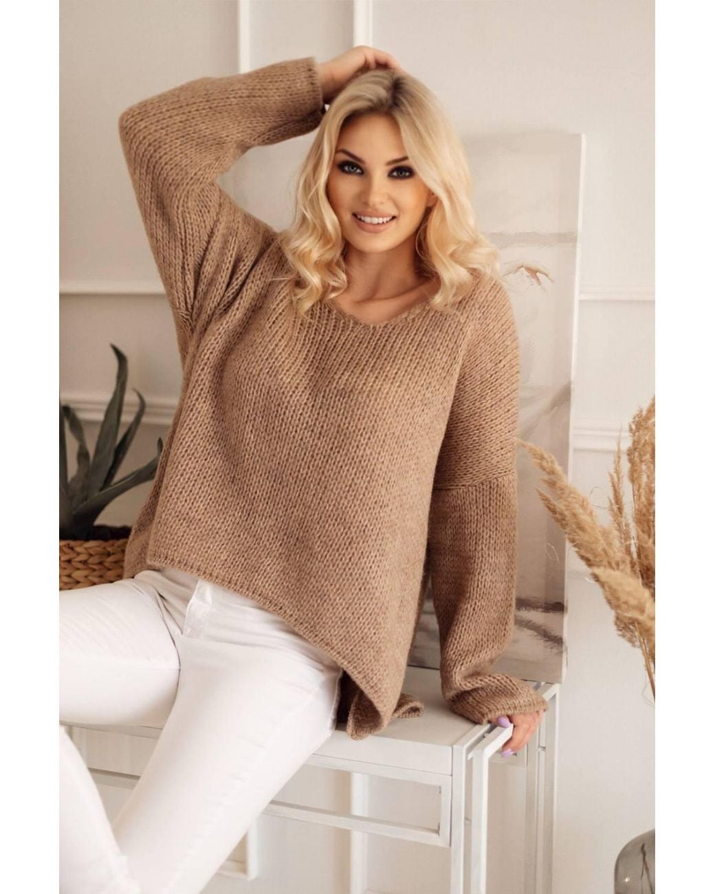 Love Lace Natural Oversized Heart Neck Asymmetric Sweater