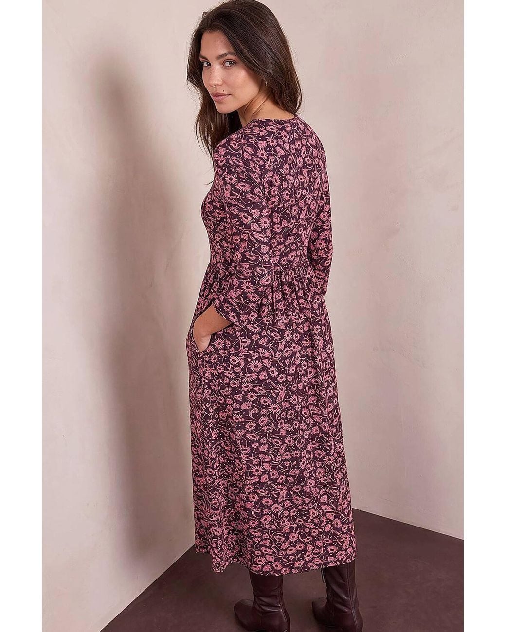 Roman Purple Floral Print Ruched Midi Dress