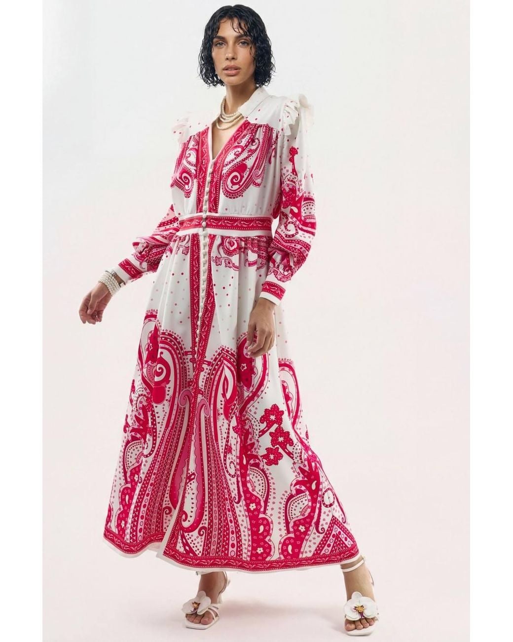 Msn-Collection Pink V-Neck Paisley Maxi Dress With Slit