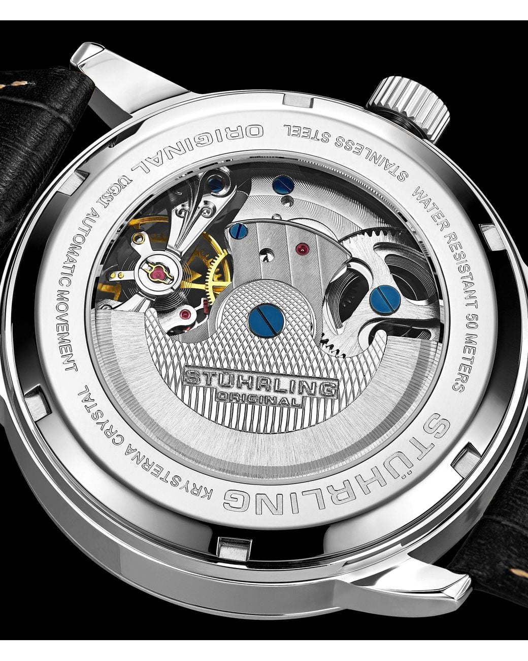 Stuhrling Black Stuhrling 3917 Automatic Skeleton Watch Dual Time Subdial, Am/Pm Indicator, & Alligator-Embossed Leather Strap For for men