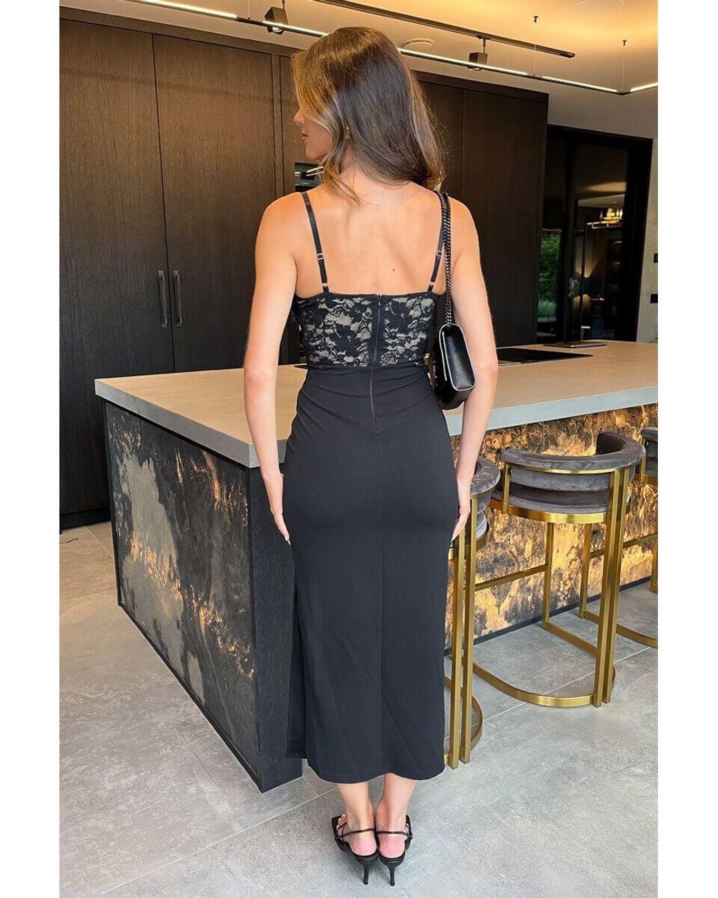 AX Paris Black Contrast Lace Top Strappy Bodycon Midi Dress