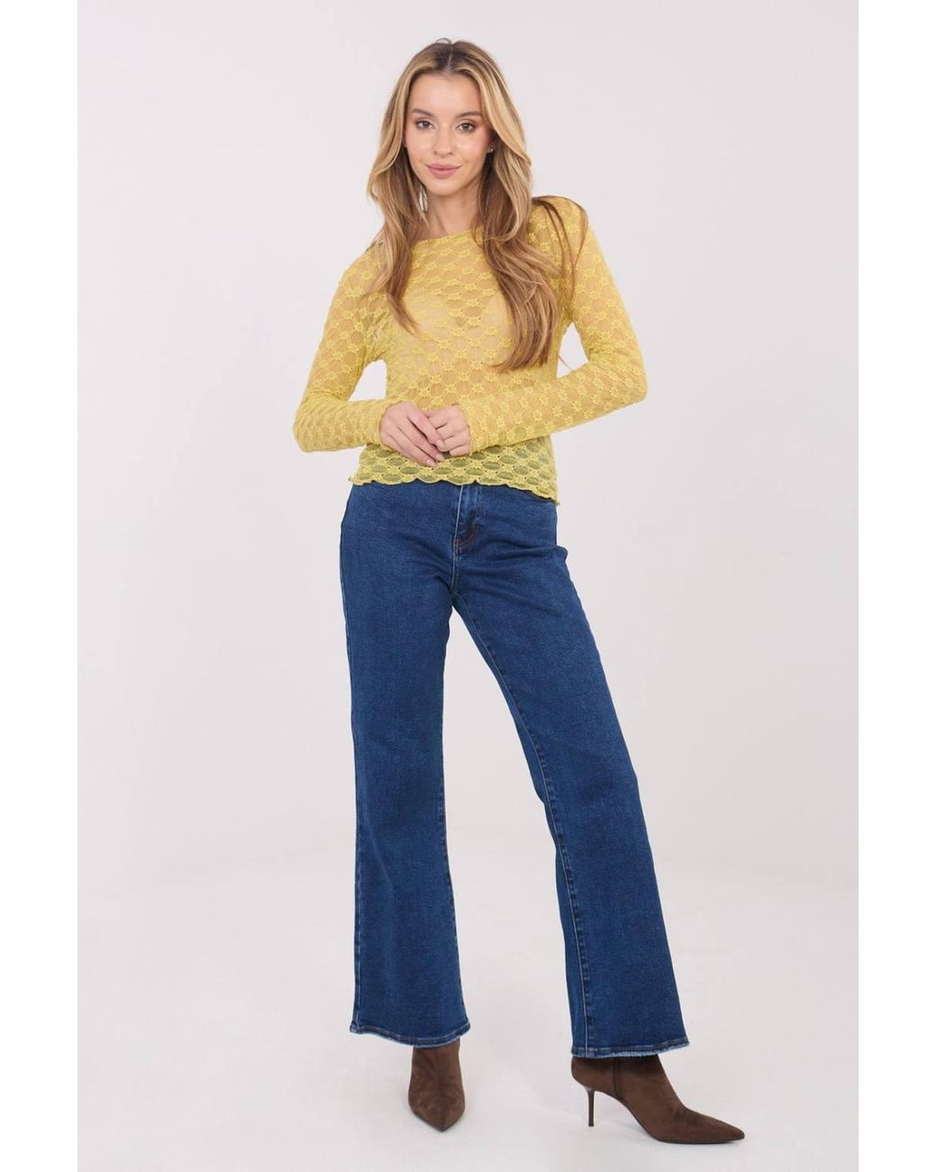 Love Lace Blue Elegant Fitted Lace Blouse Boat Neck Long Sleeve Style 223077