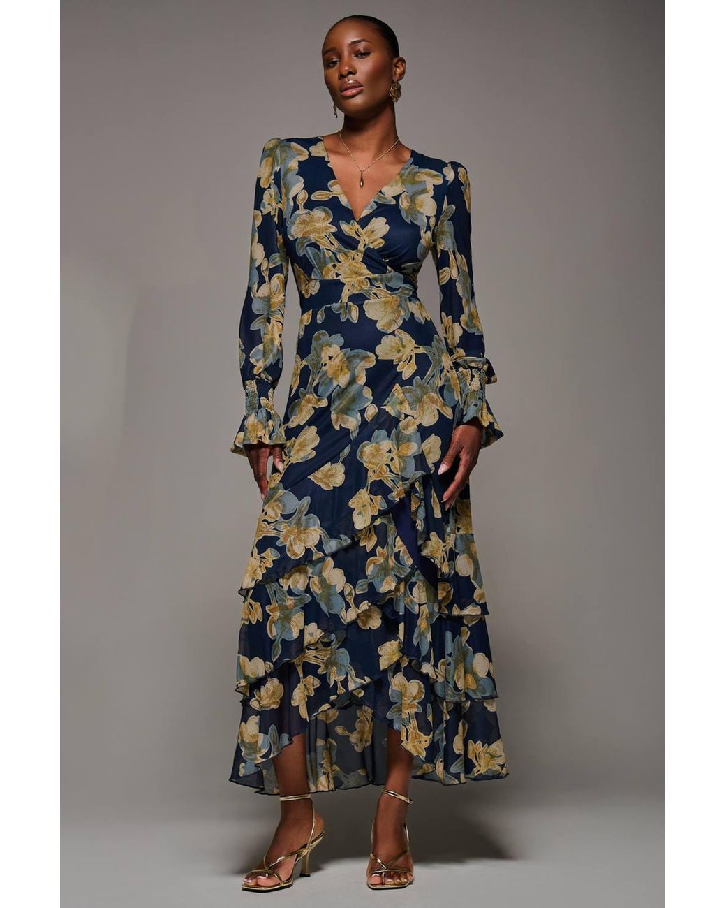 Jolie Moi Gray Long Sleeve Ruffle Hem Mesh Maxi Dress