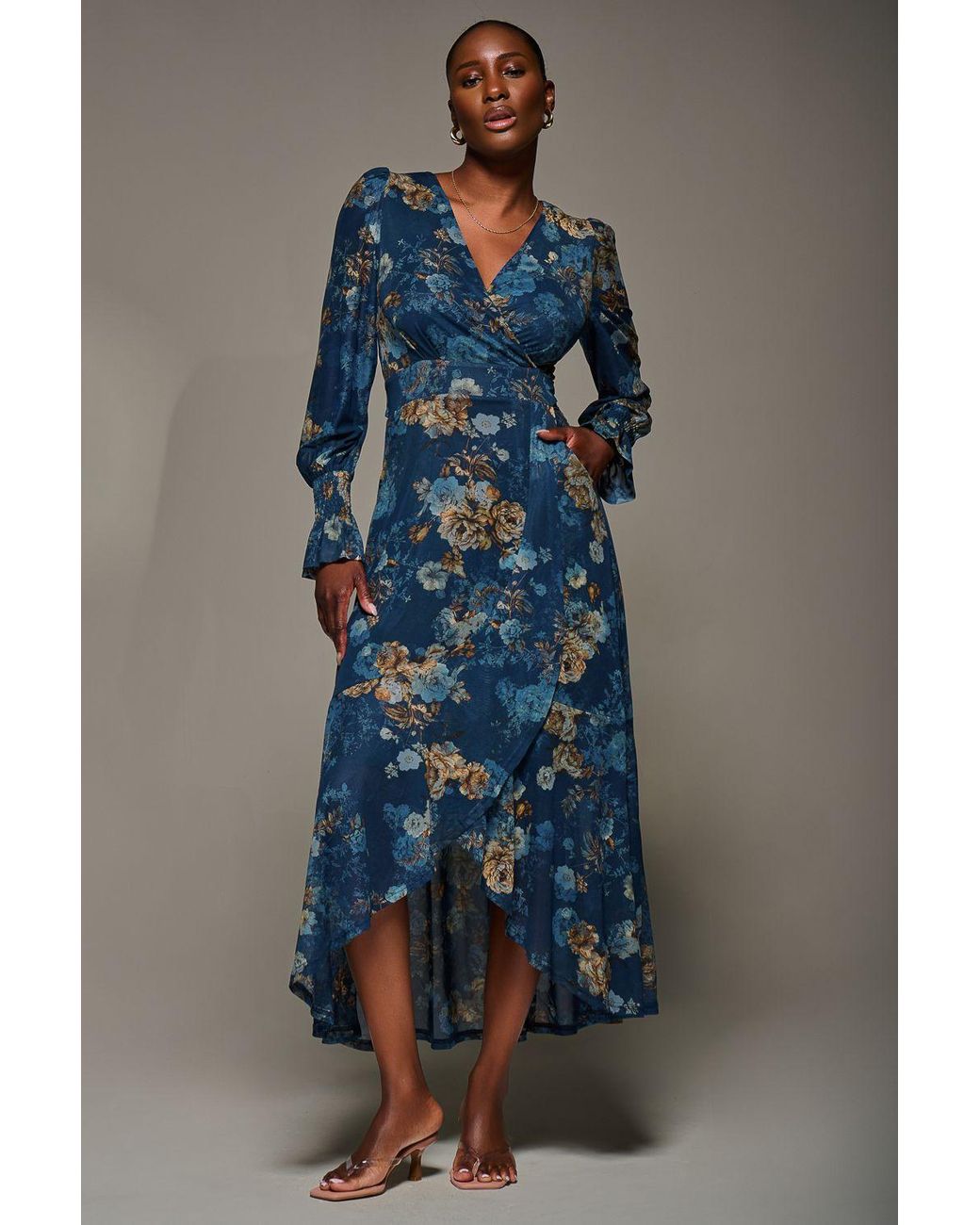 Jolie Moi Blue Long Sleeve Frill Hem Mesh Maxi Dress