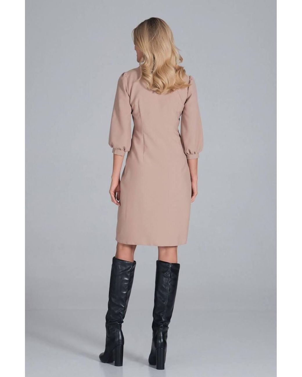 KDMD Gray Midi Collared Shirt Dress With Pocket Front