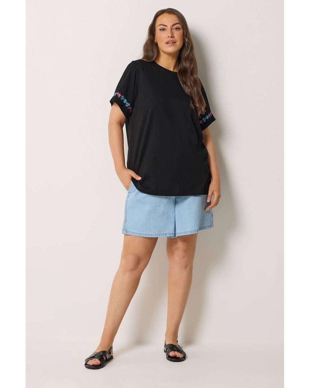 Yours Black Embroidered Floral Sleeve Detail T-Shirt