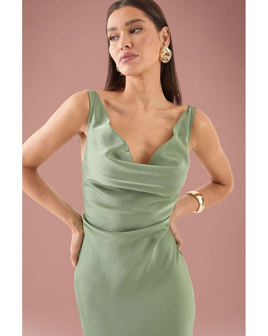 MissPap Green Premium Satin Cowl Neck Fishtail Maxi Dress