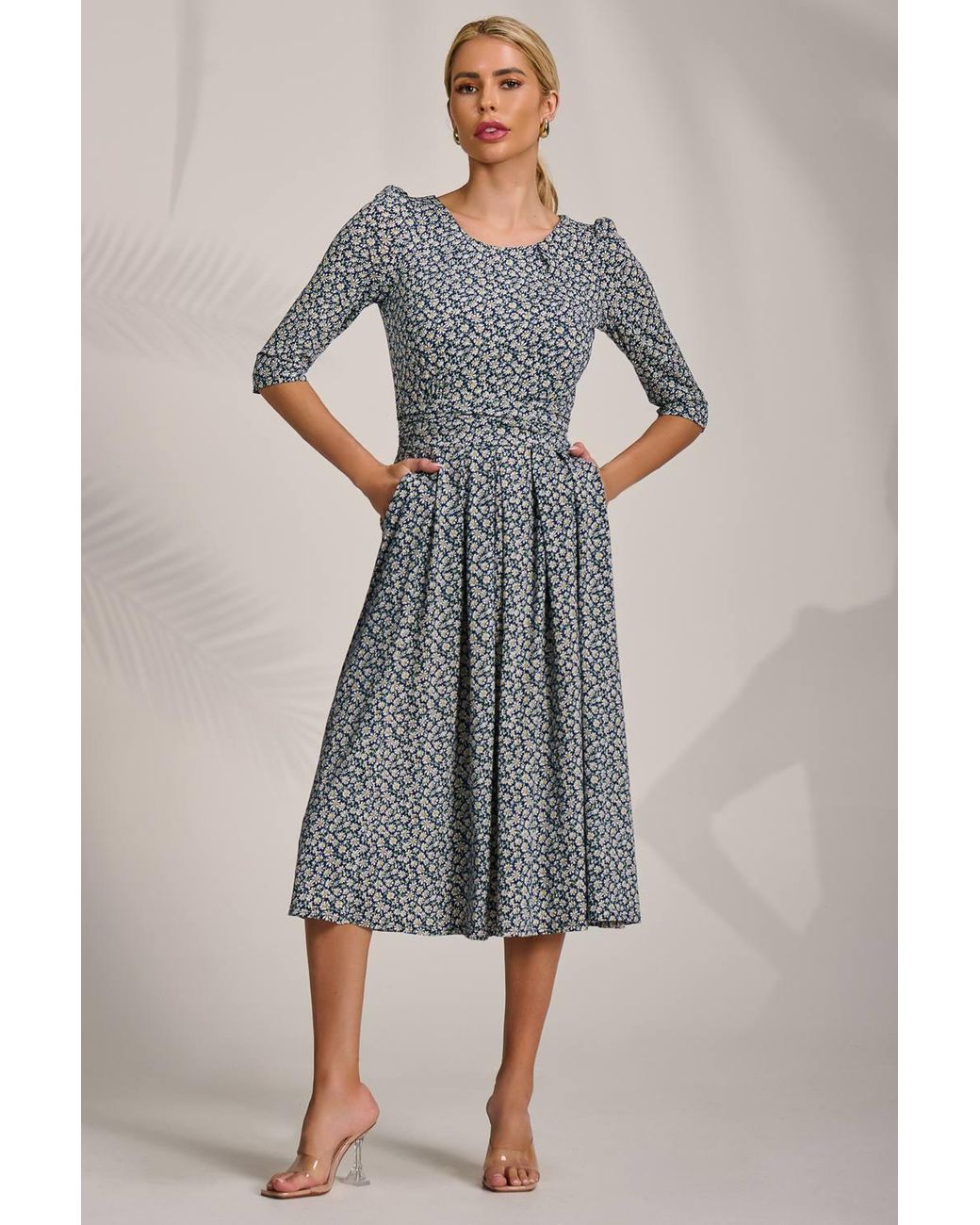 Jolie Moi Gray Sleeve Printed Jersey Midi Dress