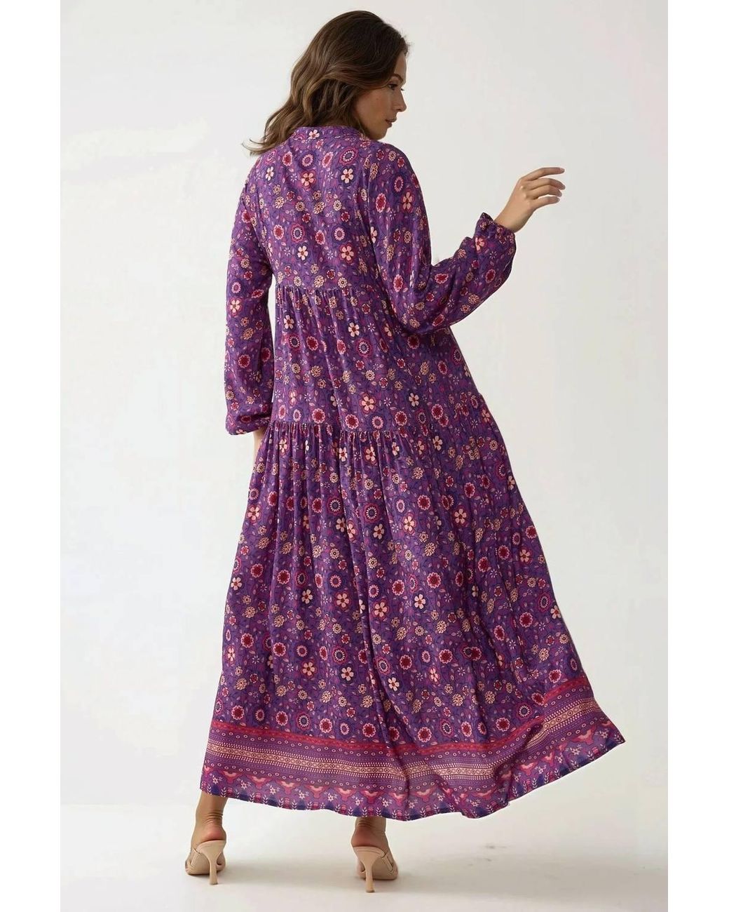 Hiccup Purple Printed V-Neck Maxi Dress With Buttons