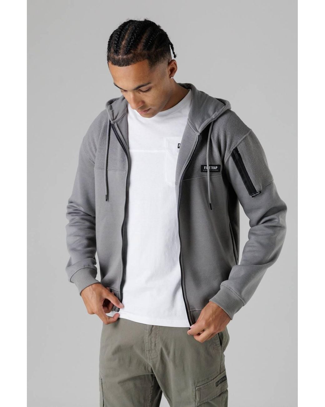 Firetrap Gray Regular Fit Cotton Rich Zip Through Hoody With Sleeve Pocket for men
