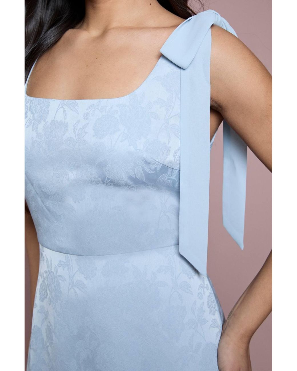 Oasis Blue Petite Square Neck Chiffon Tie Shoulder Satin Jacquard Bridesmaid Maxi Dress