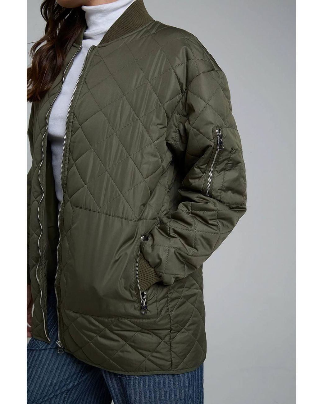 Wednesday's Girl Green Diamond Quilted Bomber Mid-Length Zip Jacket